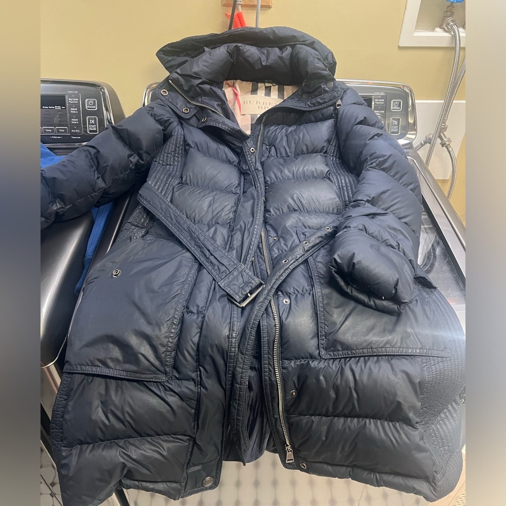 Navy Burberry Brit Puffer Coat, Size Small